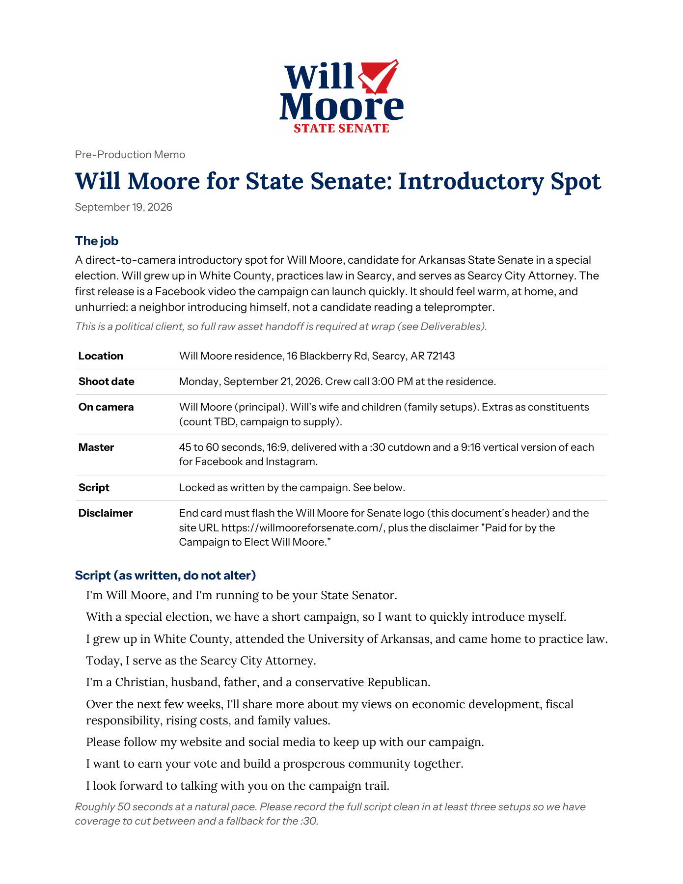 Will Moore pre-production memo, page 1 of 3 — from THINK Idea Studio.